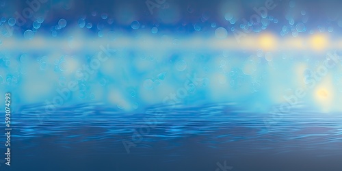 Defocused hazy  transparent  blue colored  calm water with bubbles and splashes. a modern  abstract background of nature. Water waves with copy space in the sun. Generative AI