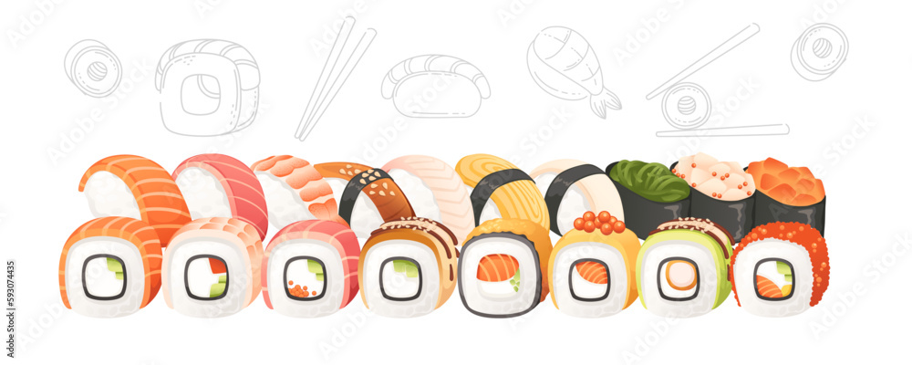 Set of sushi roll food delivery service menu vector illustration on white background