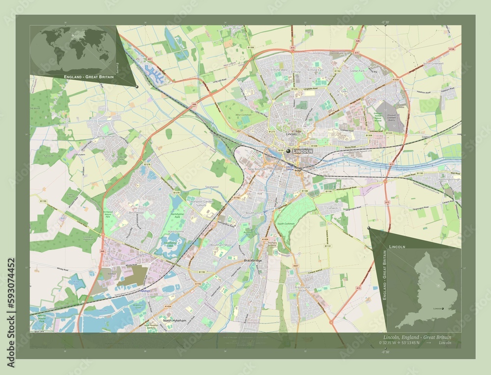 Fototapeta premium Lincoln, England - Great Britain. OSM. Labelled points of cities