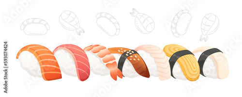 Set of sushi roll food delivery service menu vector illustration on white background