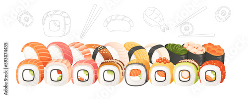 Set of sushi roll food delivery service menu vector illustration on white background