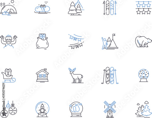 Winter holidays outline icons collection. Christmas, New Year, Snow, Skiing, Reindeer, Elves, Sleigh vector and illustration concept set. Frost, Carols, Hanukkah linear signs