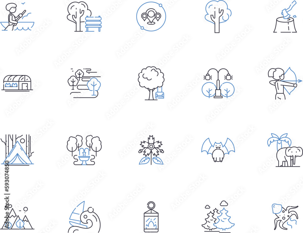 Wild nature outline icons collection. Wild, Nature, Animals, Wilderness, Trees, Natural, Scenery vector and illustration concept set. Landscape, Terrain, Forests linear signs