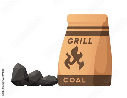 Grill black coal in paper bag retail product vector illustration isolated on white background
