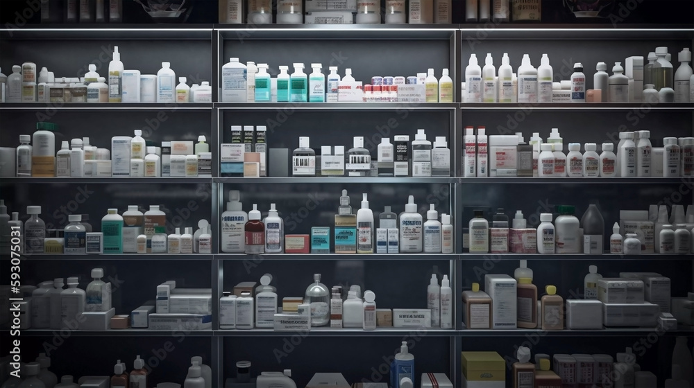 Pharmacy drugstore abstract background with medicine and healthcare products on shelves. Pharmacy warehouse interior. Concept of pharmacist and chemical business. Created with generative AI tools Pharmacy drugstore abstract background with medicine and healthcare products on shelves. Pharmacy warehouse interior. Concept of pharmacist and chemical business. Created with generative AI tools