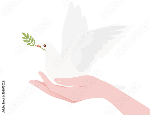 Peace day sign with white pigeon bird and green leaves vector illustration