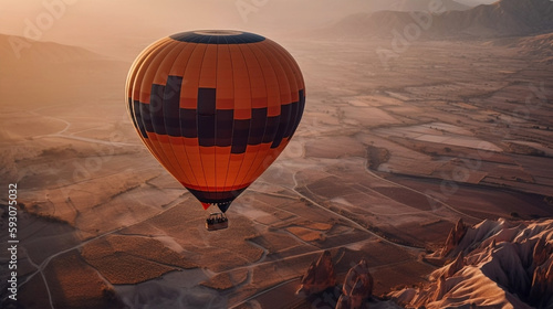 Hot air balloon flying over mountain landscape at dawn. Beautiful sunrise, bird-eye aerial view. Illustration created with generative AI tools