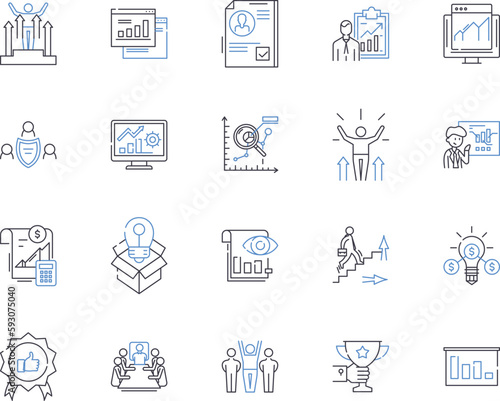 Business metrics outline icons collection. Revenue, Profit, Cost, Efficiency, Demand, Quality, Pricing vector and illustration concept set. Production, Performance, Volume linear signs