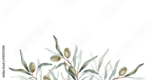 Watercolor banner with green olive leaves branches.Watercolor olive in bouquet. Decorative element for greeting card. Illustration