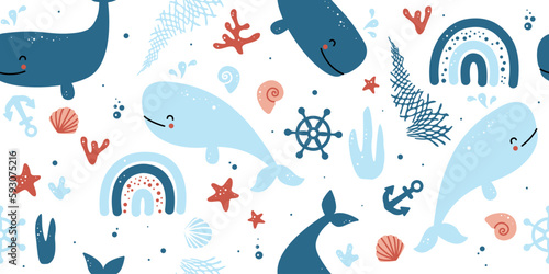Ocean underwater. Vector illustration for kids design. Marine seamless pattern of sea life. Childish texture for fabric, textile, baby shower decor
