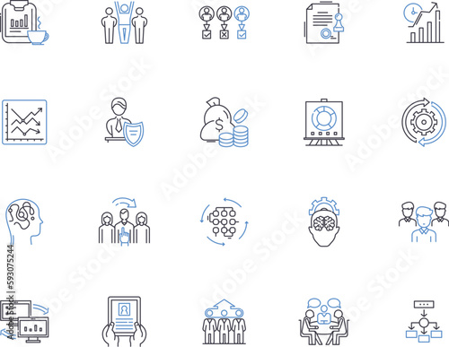 Management outline icons collection. Organizing, Planning, Controlling, Leading, Staffing, Directing, Financing vector and illustration concept set. Regulating, Co-ordinating, Scheduling linear signs