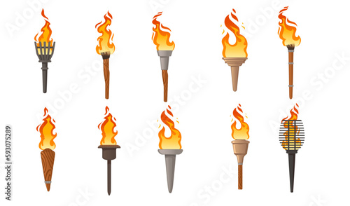 Set of medieval torch light vector illustration isolated on white background