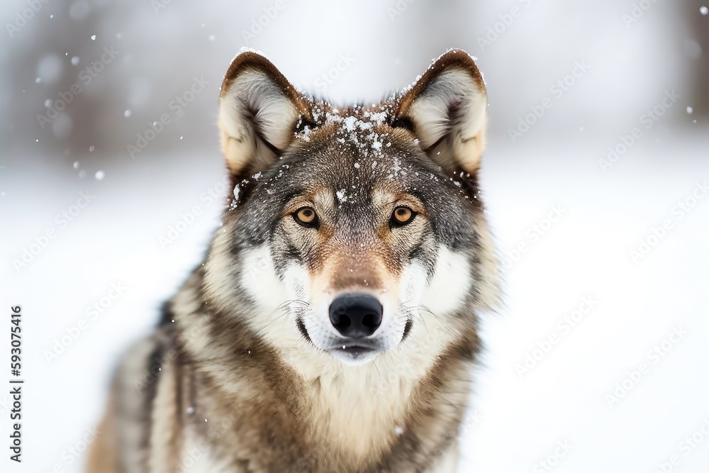 Image of a gray wolf on a white background with snowflakes on its muzzle. Generative AI Image of a gray wolf on a white background with snowflakes on its muzzle. Generative AI