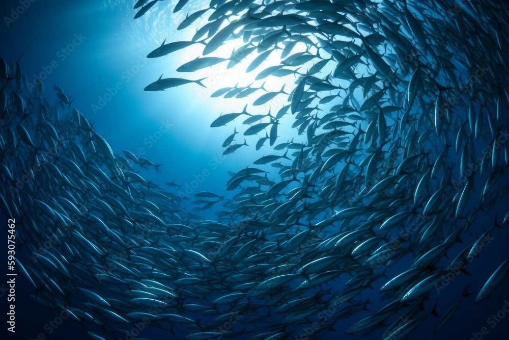 School of fish swimming under water of sea. School sardinella fish swims in underwater. AI generated, human enhanced - obrazy, fototapety, plakaty 