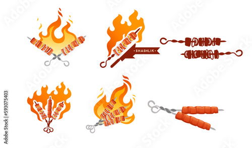 Set of roasted kebab on skewer with fire bbq grilled food vector illustration on white background