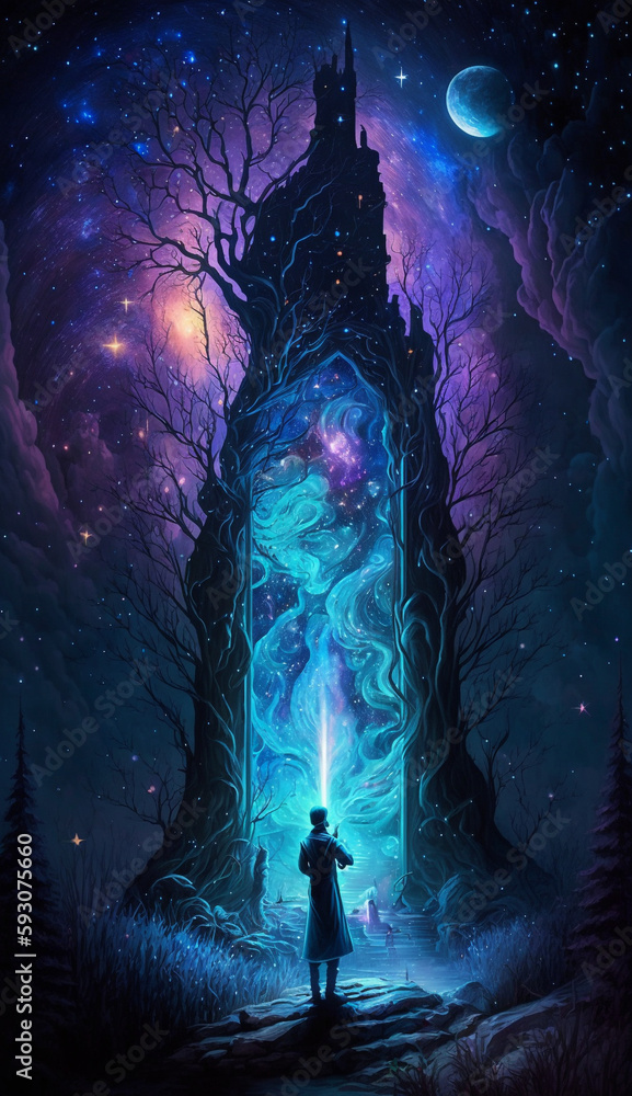 AI illustration of a fable scenery, magic huge tall passage and moon in