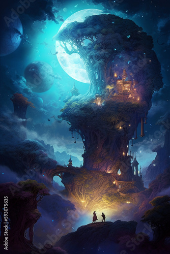 AI illustration of a fable panorama  magic castle and glowing moon among magical night sky. Digital art of fantasy fantastic tale scenery. Vertical colourful wallpaper with fairytale night for display