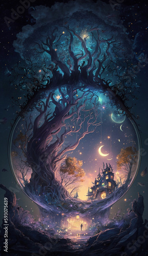 AI illustration of a fable panorama  magic castle  giant tree and moon in a magical night sky. Digital art of fantasy fantastic tale scenery. Vertical colourful poster with fairytale night for display