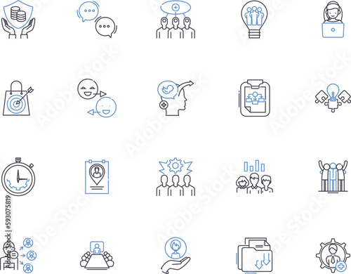 Management outline icons collection. Organizing, Planning, Controlling, Leading, Staffing, Directing, Financing vector and illustration concept set. Regulating, Co-ordinating, Scheduling linear signs