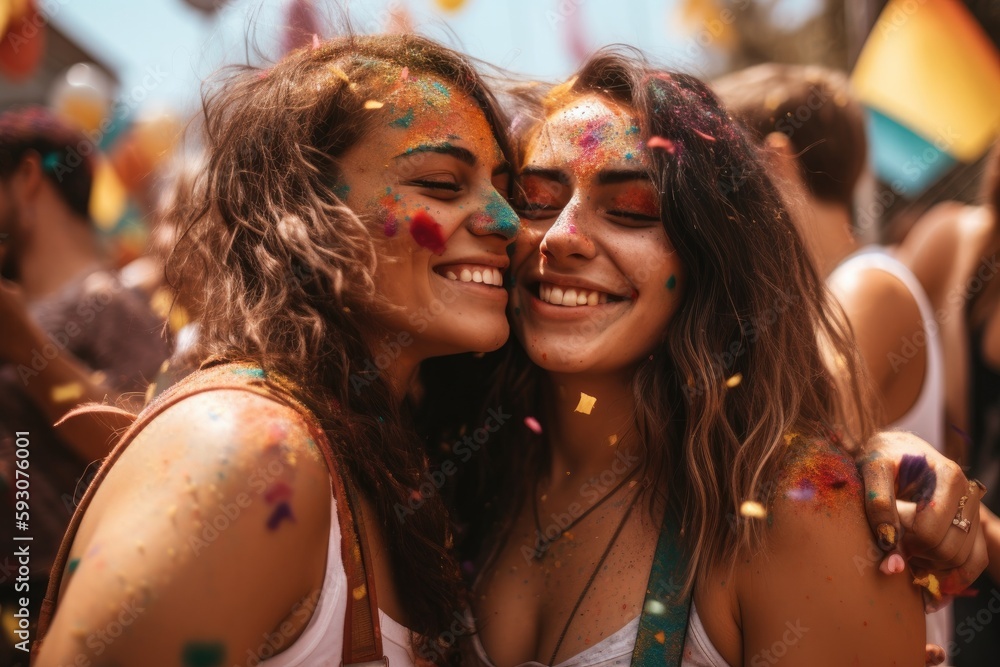 Heartwarming moment captured at a lively festival, where confetti rains down on a joyful lesbian couple holding up the rainbow flag, laughing and enjoying their time together Generative Ai Heartwarming moment captured at a lively festival, where confetti rains down on a joyful lesbian couple holding up the rainbow flag, laughing and enjoying their time together Generative Ai