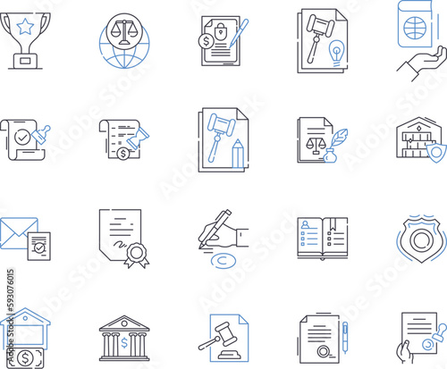 Law outline icons collection. Lawyer, Attorney, Judgement, Regulations, Punishment, Litigation, Contract vector and illustration concept set. Appeal, Dispute, Rights linear signs