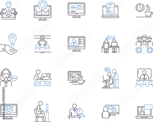 Corporation teamwork outline icons collection. Cooperation, Collaboration, Synergy, Synchronization, Coordination, Groupwork, Collectiveness vector and illustration concept set. Jasmine, Alliance