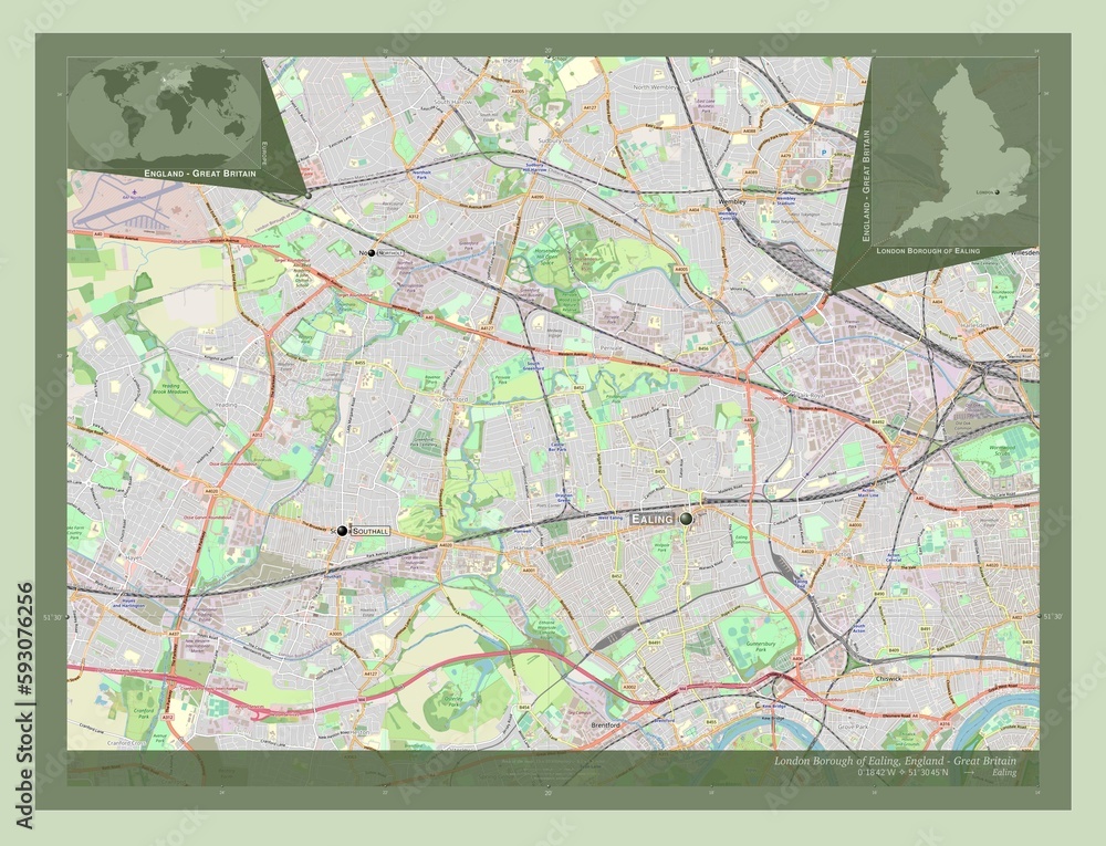 Fototapeta premium London Borough of Ealing, England - Great Britain. OSM. Labelled points of cities