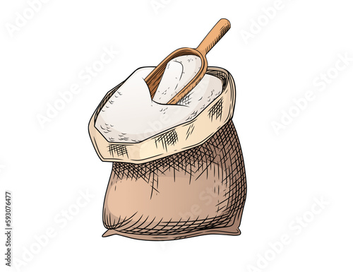 Outline sketch of bag of flour with shovel vector illustration on white background