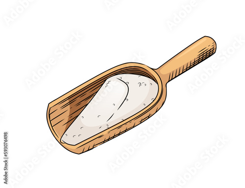 Outline sketch of wooden shovel with flour vector illustration on white background