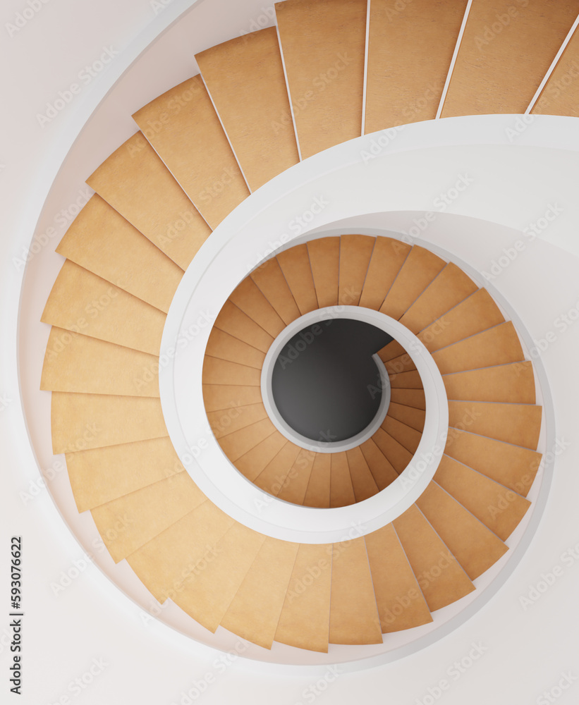 Spiral staircase top view, 3d rendering. Digital illustration of curved wooden stairs going down
