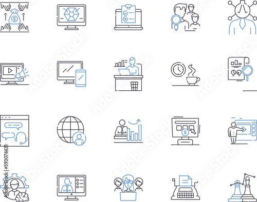 Working team outline icons collection. Collaborative, Unit, Cooperative, Productive, Efficient, Effective, Unified vector and illustration concept set. Group, Members, Professional linear signs