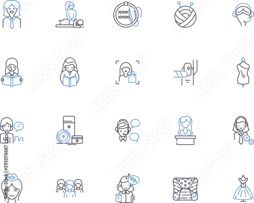 Women outline icons collection. Female, Ladies, Womenfolk, Ladies, She, Herself, Womanly vector and illustration concept set. Feminine, Gal, Maiden linear signs