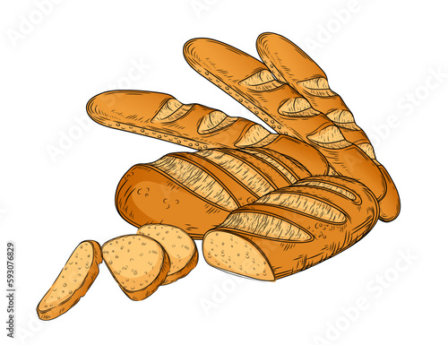 Outline sketch of fresh tasty white bread hand drawn style vector illustration on white background