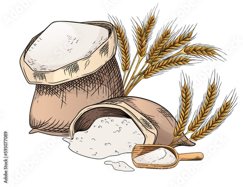 Outline sketch of bag of flour with shovel vector illustration on white background
