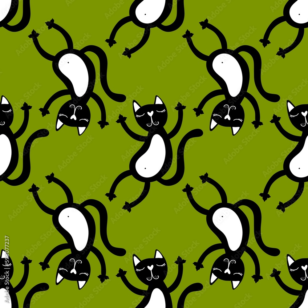 Fototapeta premium Halloween black cats seamless cartoon animals pattern for wrapping paper and fabrics and linens and kids