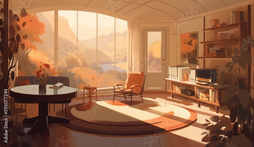 AI living room with panoramic window overlooking a hilly landscape with a river  armchair a carpet and furniture  concept art  soft autumn sunlight  stylized digital illustration  serene illustration