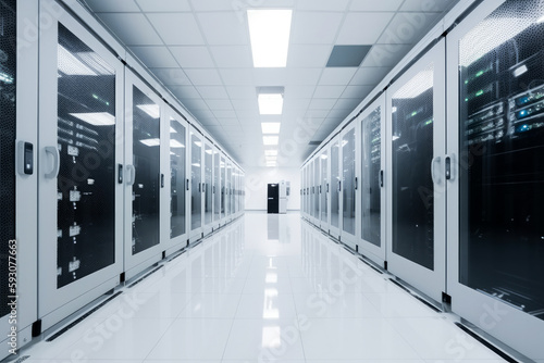 Data center clean room with servers on left and right sides, high key white background. High quality generative ai