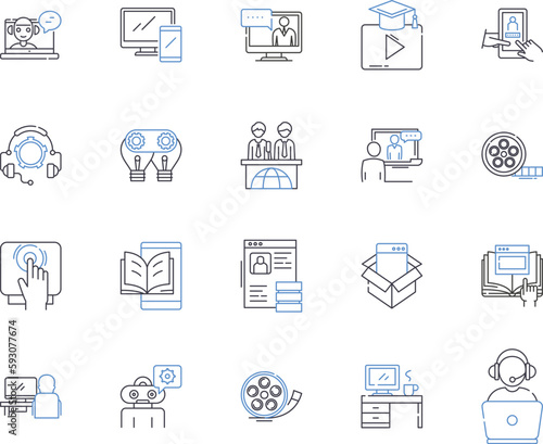 Media company outline icons collection. Media, Company, Broadcasting, Video, Production, Advertising, Television vector and illustration concept set. Press, Digital, Content linear signs