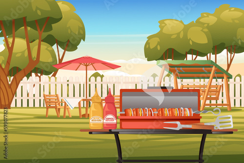 Backyard with wooden fence hedge and chair with tables bbq grill sunny summer sky on background vector illustration
