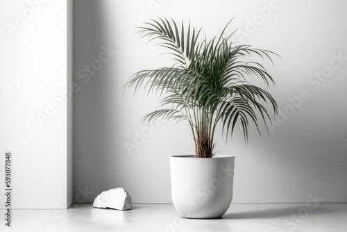 Indoor plant in a pot on a white table. the ornamental Areca palm (Dypsis lutescens). Generative AI