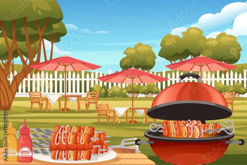Backyard with wooden fence hedge and chair with tables bbq grill sunny summer sky on background vector illustration