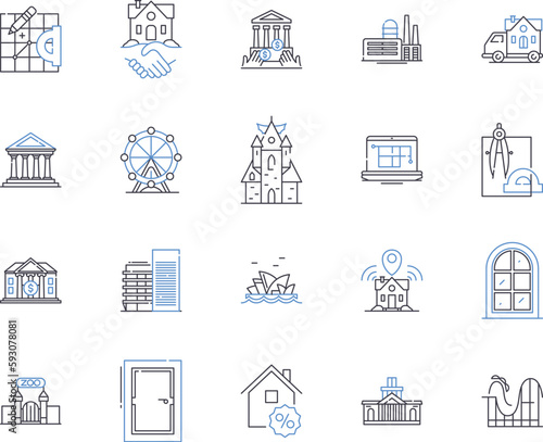 Houses and accomodation outline icons collection. Home, Accommodation, Residence, Abode, Lodging, Domicile, Dwelling vector and illustration concept set. Villa, Cottage, Mansion linear signs