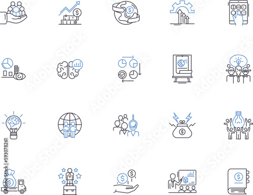 Objectives and Key Results outline icons collection. Goals, Objectives, Outcomes, Success, Metrics, KRA, KRAs vector and illustration concept set. KPI, KPIs, Initiatives linear signs