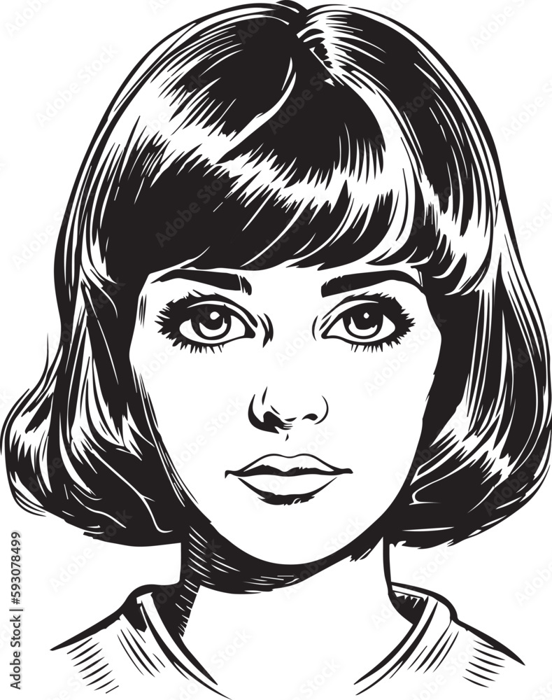 Vintage girl kids 60s style young kids Retro comics black and white ink drawing American cartoon advertising illustration vector SVG Stock Vector Adobe Stock