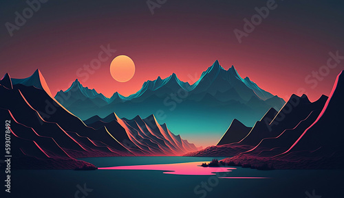 Neon night landscape with mountains new quality universal colorful technology stock image illustration design generative ai