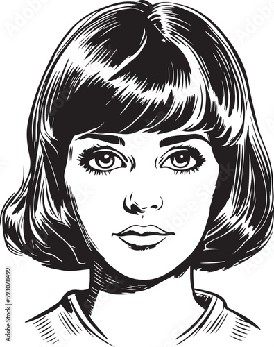 Vintage girl kids 60s style young kids . Retro comics black and white ink drawing, American cartoon advertising illustration, vector, SVG