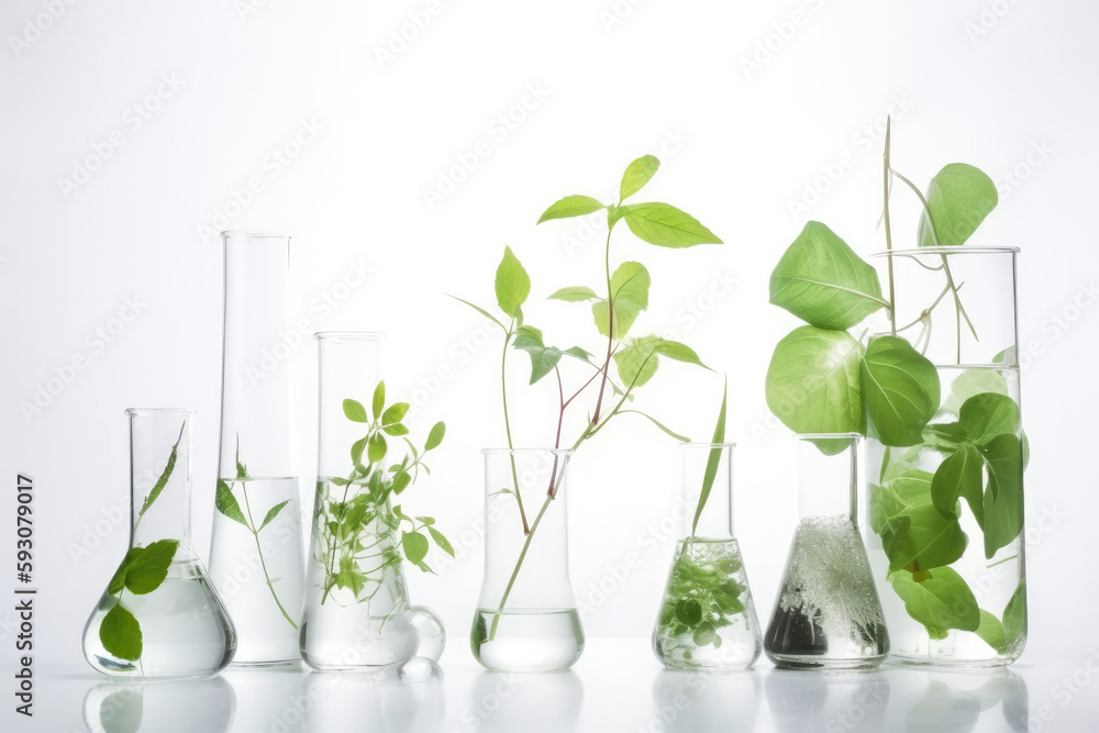 Biology laboratory nature and science, plant and environmental study, gene therapy, DNA, with plants of biochemistry structures on white background, high quality generative ai Biology laboratory nature and science, plant and environmental study, gene therapy, DNA, with plants of biochemistry structures on white background, high quality generative ai