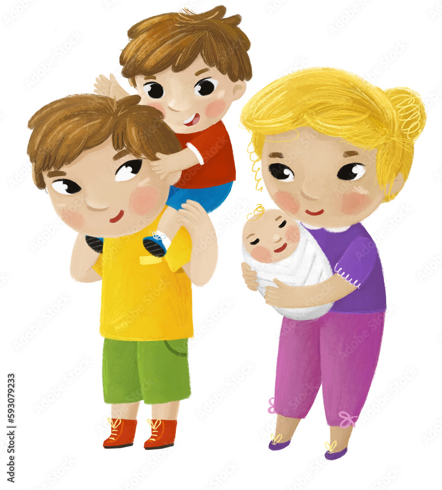 cartoon scene with two brothers and mother with toddler illustration for children