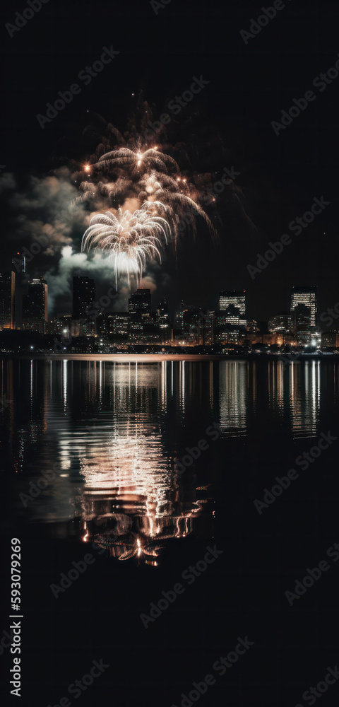 night cityscape in the distance with bright lighting over the water. reflection in the water, fireworks in the sky. vertical frame.Generative AI