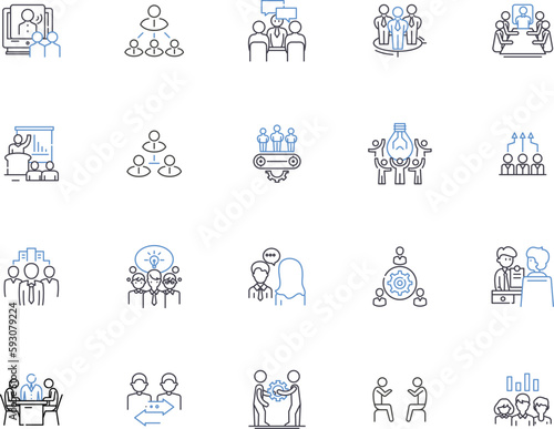 Business team outline icons collection. Business, Team, Collaboration, Cooperation, Organization, Partnership, Strategy vector and illustration concept set. Leadership,Relationships,Workforce linear